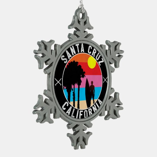 サンタクルスカリフォルニアのサーフィンの波 スノーフレークピューターオーナメント (左)