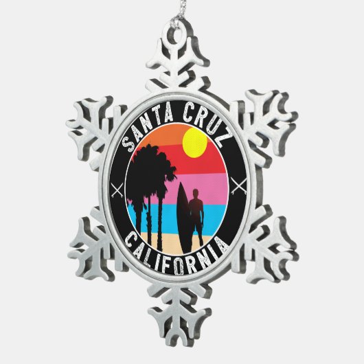サンタクルスカリフォルニアのサーフィンの波 スノーフレークピューターオーナメント (右)
