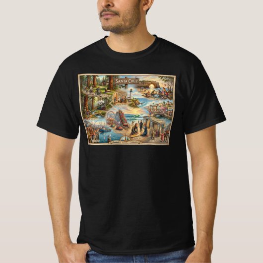 サンタクルーズの雰囲気マップ - 海岸沿いの文化的アートプリント Tシャツ (正面)