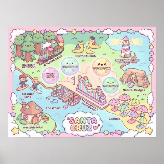 サンタクルーズ ファンタジーマップ - 神秘的な海岸の芸術プリン ポスター (正面)