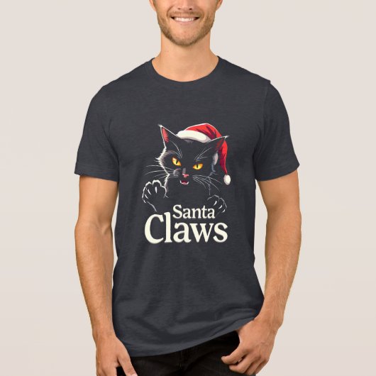サンタクロウズ - 面白い黒猫のクリスマスデザイン トライブレンドTシャツ (正面)