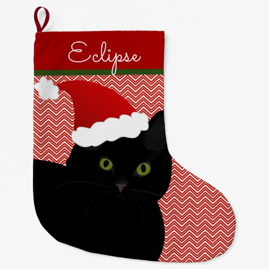 サンタクロックスショートヘアキャットグリーンアイパーソナライズされたズ ラージクリスマスストッキング (正面)