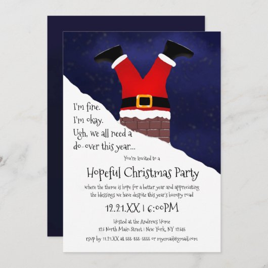 サンタクロースおもしろいが煙突に希望のクリスマスをスタック 招待状 (正面/裏面)