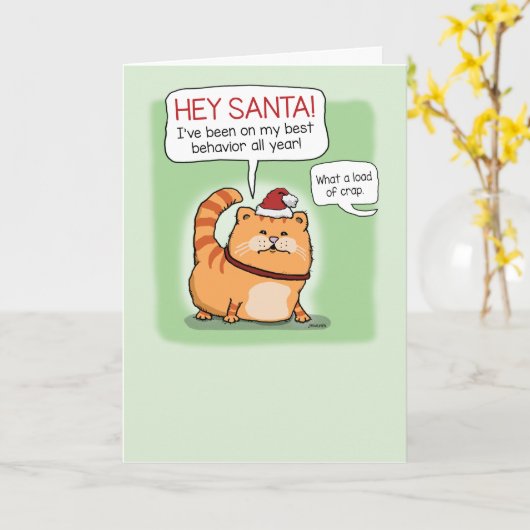 サンタクロースおもしろいのクリスマスに横たわる猫 カード (黄色い花)