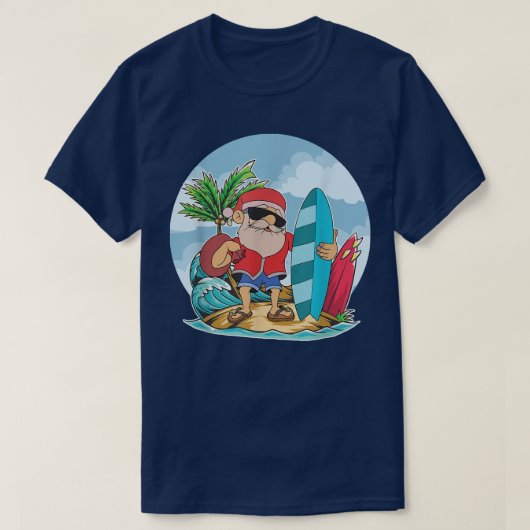 サンタクロースおもしろいサーフィンサマーハワイアンクリスマ Tシャツ (デザイン正面)