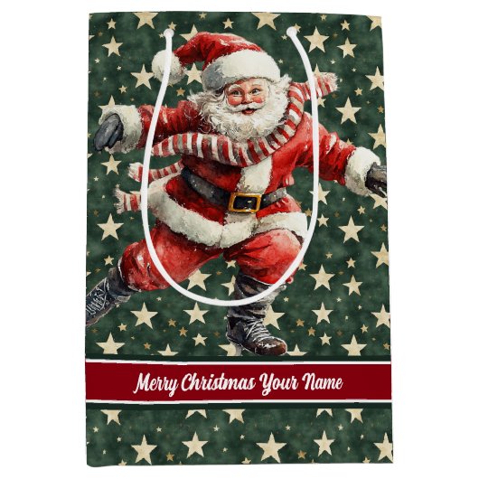 サンタクロースおもしろいスケートで滑るホリデー抱き枕 ミディアムペーパーバッグ (正面)