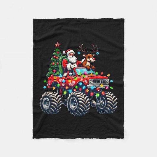 サンタクロースおもしろいトナカイ乗馬モンスタートラックCh フリースブランケット (正面)