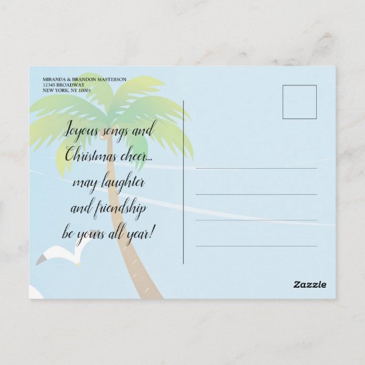 サンタクロースおもしろいビーチホリデーパーティー招待状 ポストカード (裏面)