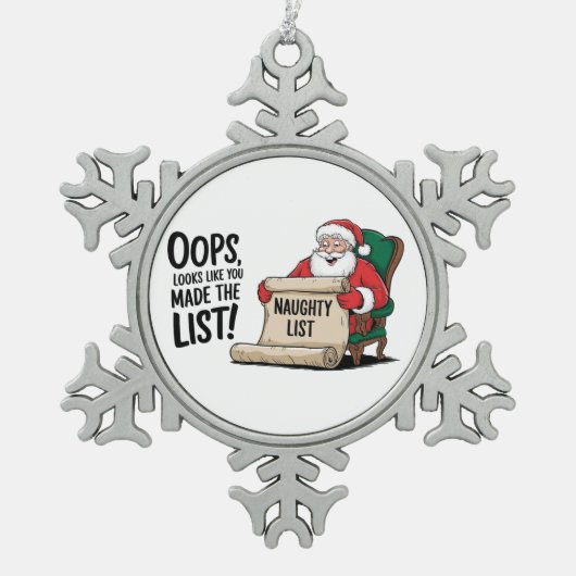 サンタクロースおもしろいリストいけなクリスマスデザイン スノーフレークピューターオーナメント (正面)