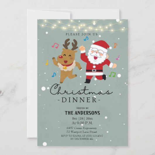 サンタクロースおもしろい踊りクリスマスディナー 招待状 (正面)