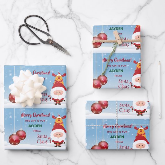 サンタクロースおもしろい・ルドルフからのかわいいギフト子供へ ラッピングペーパーシート (正面)