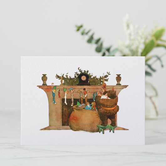 サンタクロースおもちゃでストッキングを詰め込むクリスマス シーズンカード (スタンド正面)