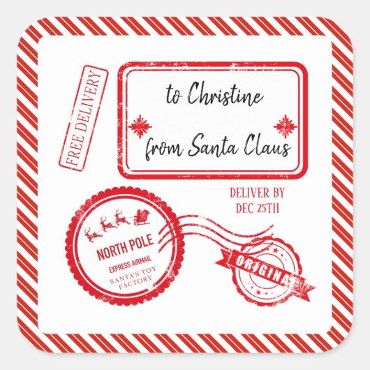 サンタクロースからのクリスマスノースポールメール配信 スクエアシール (正面)