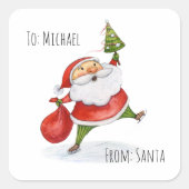 サンタクロースかわいいクリスマスウォーター絵画カラー スクエアシール (正面)