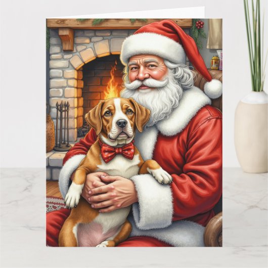 サンタクロースがアメリカンスタッフォードシャーテリアを抱える カード (正面)