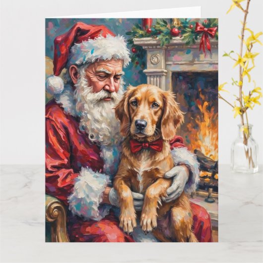 サンタクロースがイングリッシュセッターを抱えたクリスマスアート カード (黄色い花)