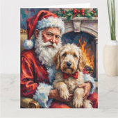 サンタクロースがオールドイングリッシュシープドッグを抱えるクリスマス カード (正面)