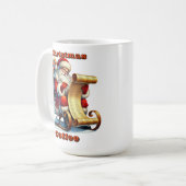 サンタクロースがギフトのバッグで自分のリストをレビュー コーヒーマグカップ (正面左)