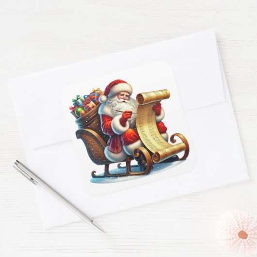 サンタクロースがギフトのバッグで自分のリストをレビュー スクエアシール (封筒)