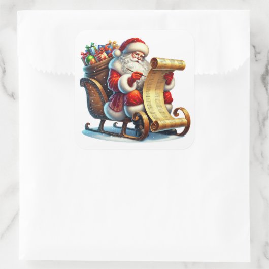 サンタクロースがギフトのバッグで自分のリストをレビュー スクエアシール (バッグ)