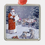 サンタクロースがギフトリストをチェック メタルオーナメント (正面)