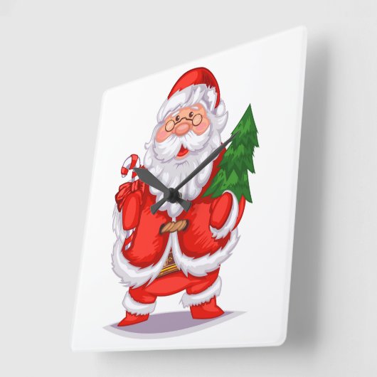 サンタクロースがクリスマスツリーを保持 スクエア壁時計 (傾斜)