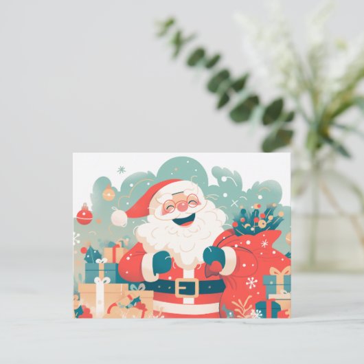 サンタクロースがクリスマスプレゼントを用意 シーズンポストカード (スタンド正面)