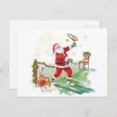 サンタクロースがクリスマス休暇中にテニスをしている シーズンポストカード (正面/裏面)