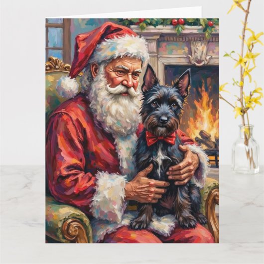 サンタクロースがスコッチテリアを抱えるクリスマスアート カード (黄色い花)