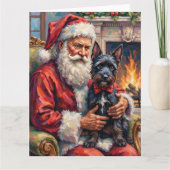 サンタクロースがスコッチテリアを抱えるクリスマスアート カード (正面)