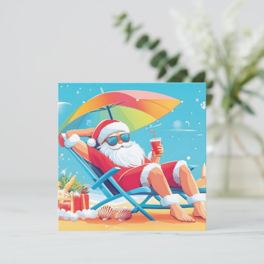 サンタクロースがトロピカルビーチのサンラウンジャーでリラックス シーズンカード (スタンド正面)