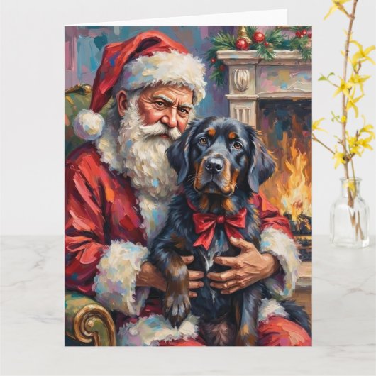 サンタクロースがニューファンドランドを抱えるクリスマスアート カード (黄色い花)