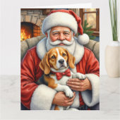 サンタクロースがビーグルを抱えるクリスマスアート カード (正面)