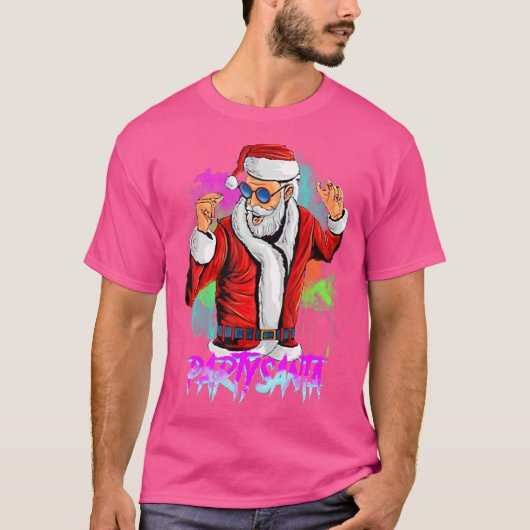 サンタクロースがメガネをかけて踊るクリスマス Tシャツ (正面)