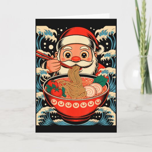 サンタクロースがラーメンを食べる日本的なクリスマス カード (正面)