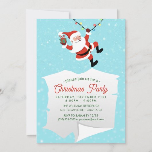 サンタクロースがロープの列に揺れクリスマス 招待状 (正面)