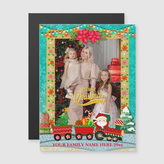 サンタクロースが列車の中でプレゼントとクリスマスツリーを (正面/裏面)