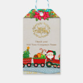 サンタクロースが列車の中でプレゼントとクリスマスツリーを ギフトタグ (正面)