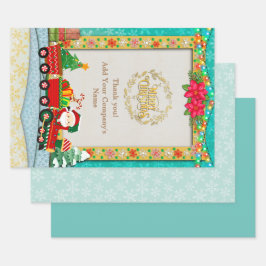 サンタクロースが列車の中でプレゼントとクリスマスツリーを ラッピングペーパーシート