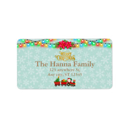 サンタクロースが列車の中でプレゼントとクリスマスツリーを ラベル