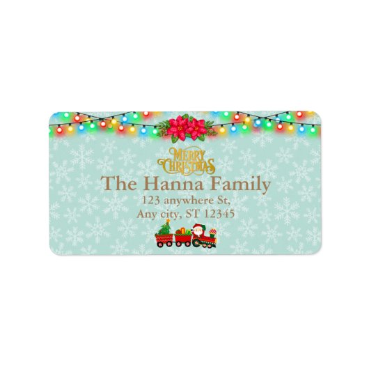 サンタクロースが列車の中でプレゼントとクリスマスツリーを ラベル (正面)