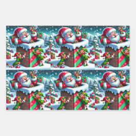 サンタクロースが小妖精や小人と煙突に詰まよくはしゃぐった ラッピングペーパーシート