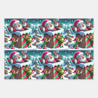 サンタクロースが小妖精や小人と煙突に詰まよくはしゃぐった ラッピングペーパーシート