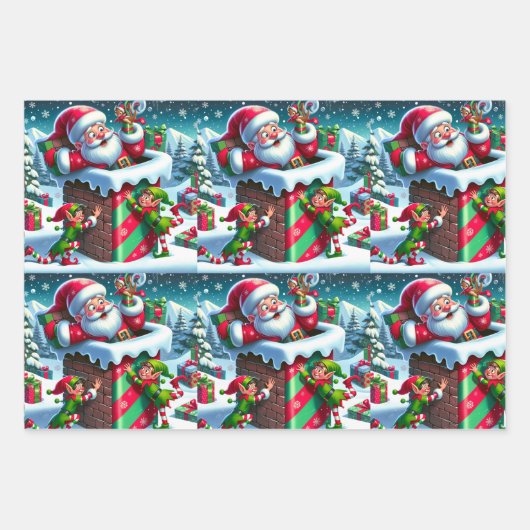 サンタクロースが小妖精や小人と煙突に詰まよくはしゃぐった ラッピングペーパーシート (正面)