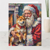 サンタクロースが柴犬を抱っこしているクリスマスアート カード (正面)