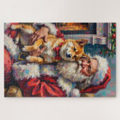 サンタクロースが柴犬を抱っこしているクリスマスアート ジグソーパズル (横)