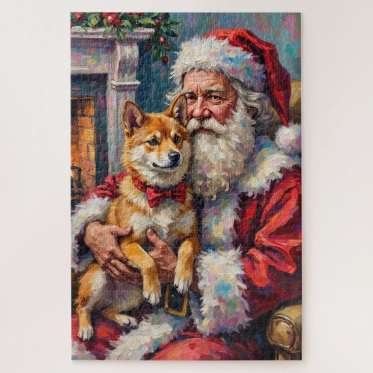 サンタクロースが柴犬を抱っこしているクリスマスアート ジグソーパズル (縦)