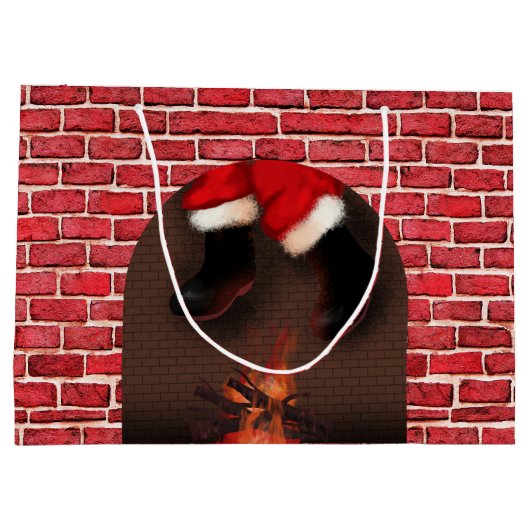 サンタクロースが煙突のクリスマスにおもしろい留まる ラージペーパーバッグ (裏面)