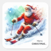サンタクロースが雪の多い山を滑り降りる スクエアシール (正面)