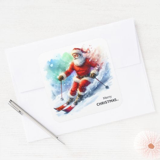 サンタクロースが雪の多い山を滑り降りる スクエアシール (封筒)